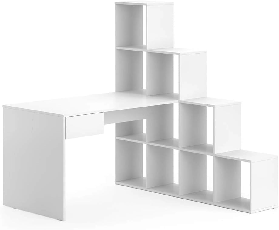 Scrivania angolare Sarah, Bianco, 139 x 142.4 cm, con mensola laterale integrata e piano di lavoro per attività al PC