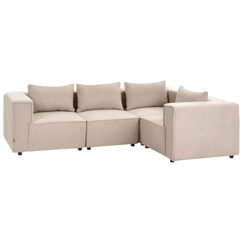 Divano a 4 posti in tessuto bouclè modulare beige lato sinistro stile minimale moderno