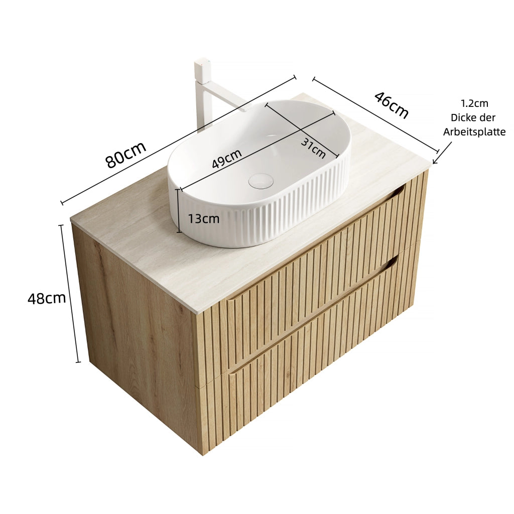 Mobile bagno sospeso con 2 cassetti soft close e lavabo ovale; piano effetto travertino per bagno; bianco e rovere bianco
