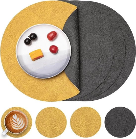 Set di 4 piatti di supporto in pelle circolare, impermeabili, doppie facce, termoresistenti, antiscivolo, lavabili, grigio