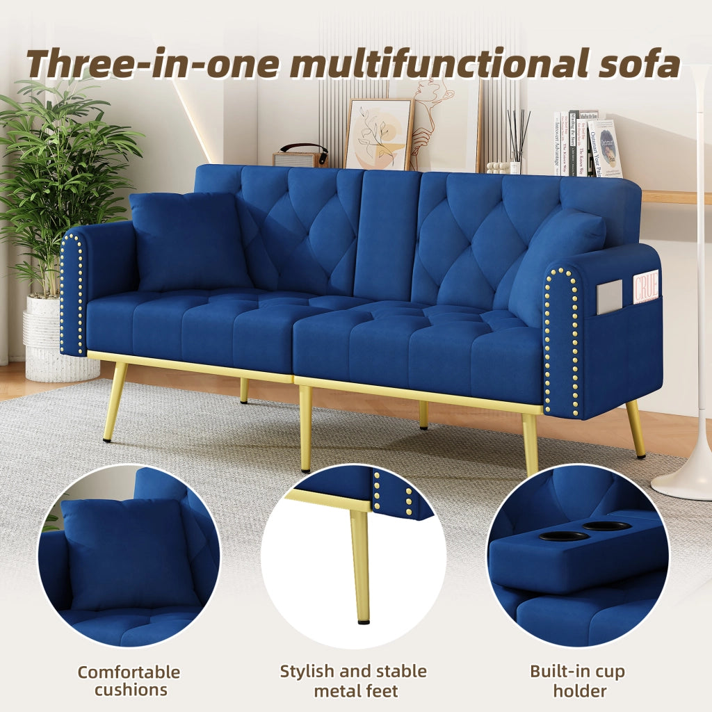 Divano letto convertibile con schienale regolabile, portabicchieri, tasca laterale e cuscini in velluto blu