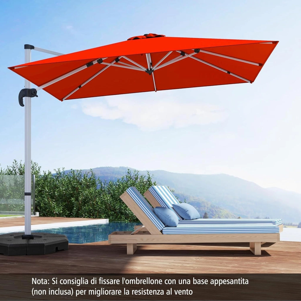 Ombrellone da Giardino, con Base Incrociata, Ombrellone Quadrato da Esterno con Palo in Alluminio e Girevole a 360°, Manovella e Inclinazione Regolabile, 300 x 300 cm (Arancione)