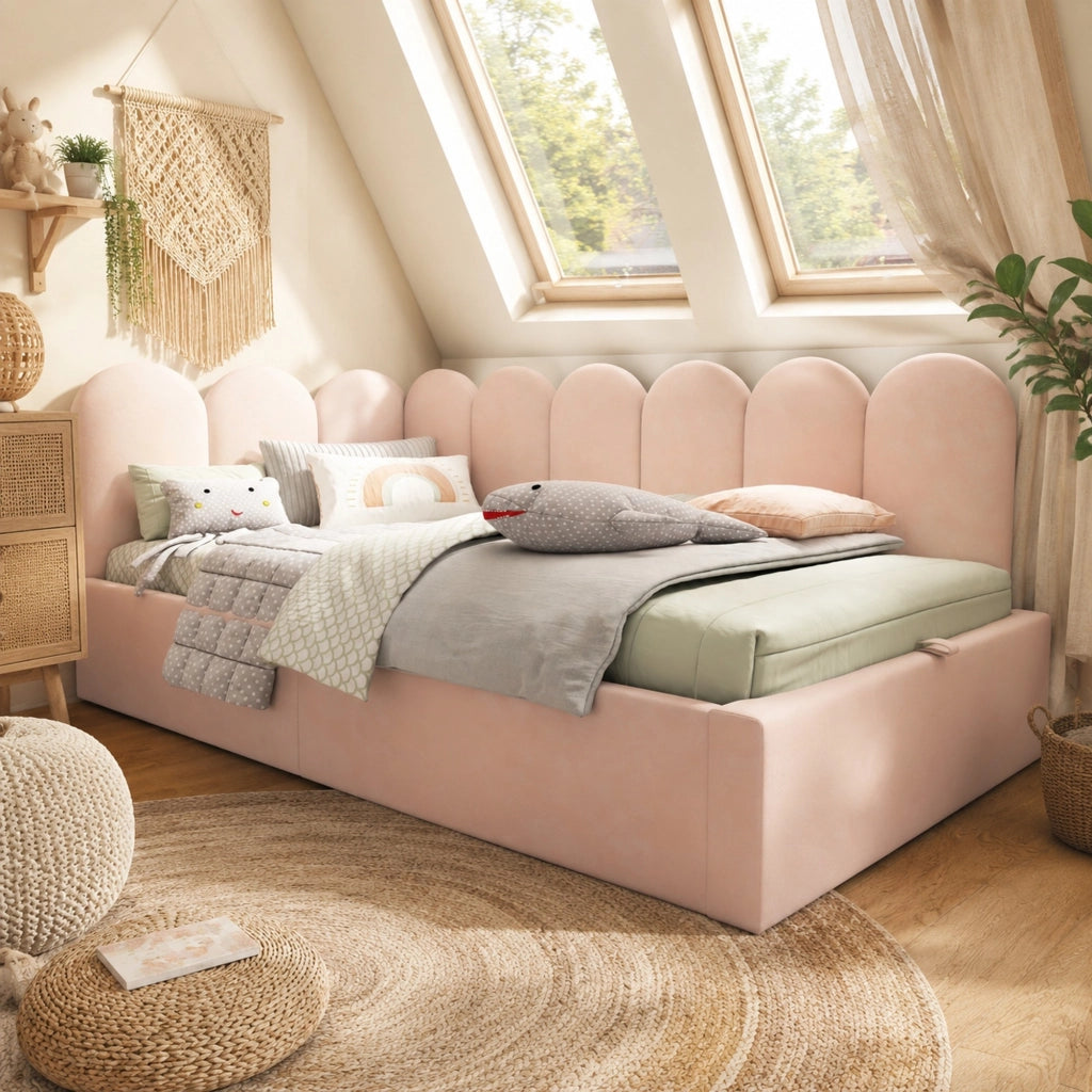 Letto daybed 90x200 cm in velluto rosa con contenitore idraulico e rete in metallo
