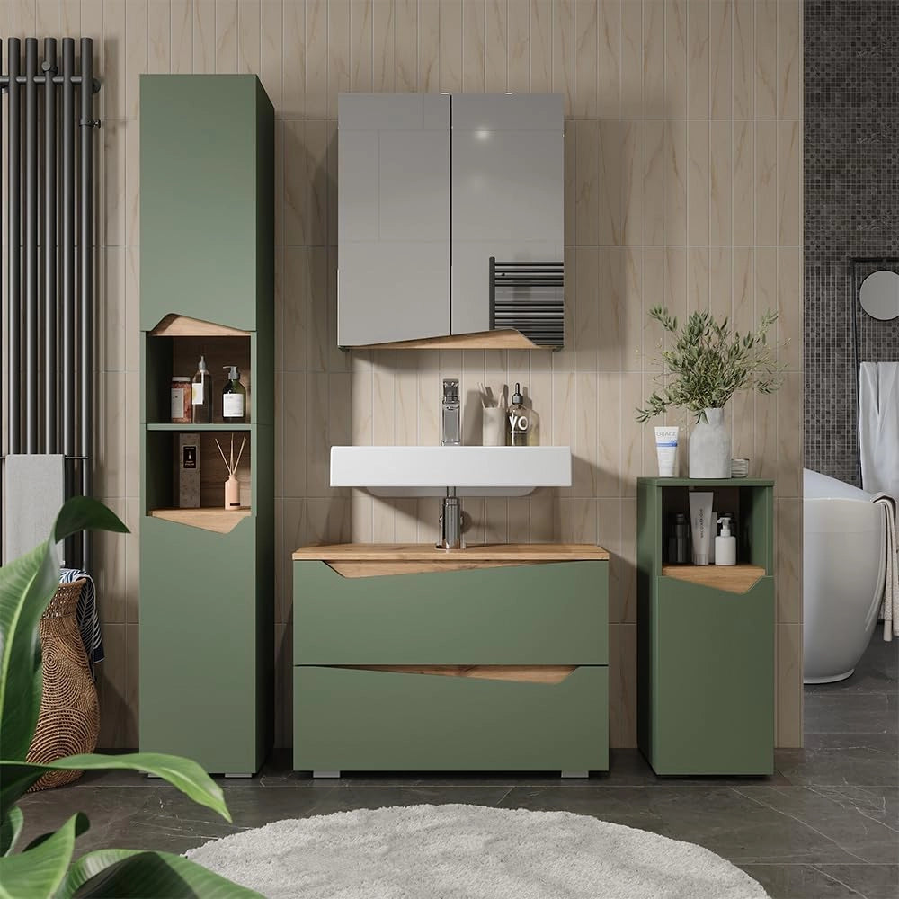 Mobile sottolavabo per bagno Marelle, Verde/Artigianale, 80 x 57.5 cm con 2 cassetti, adatto per l'installazione sotto lavabi standard