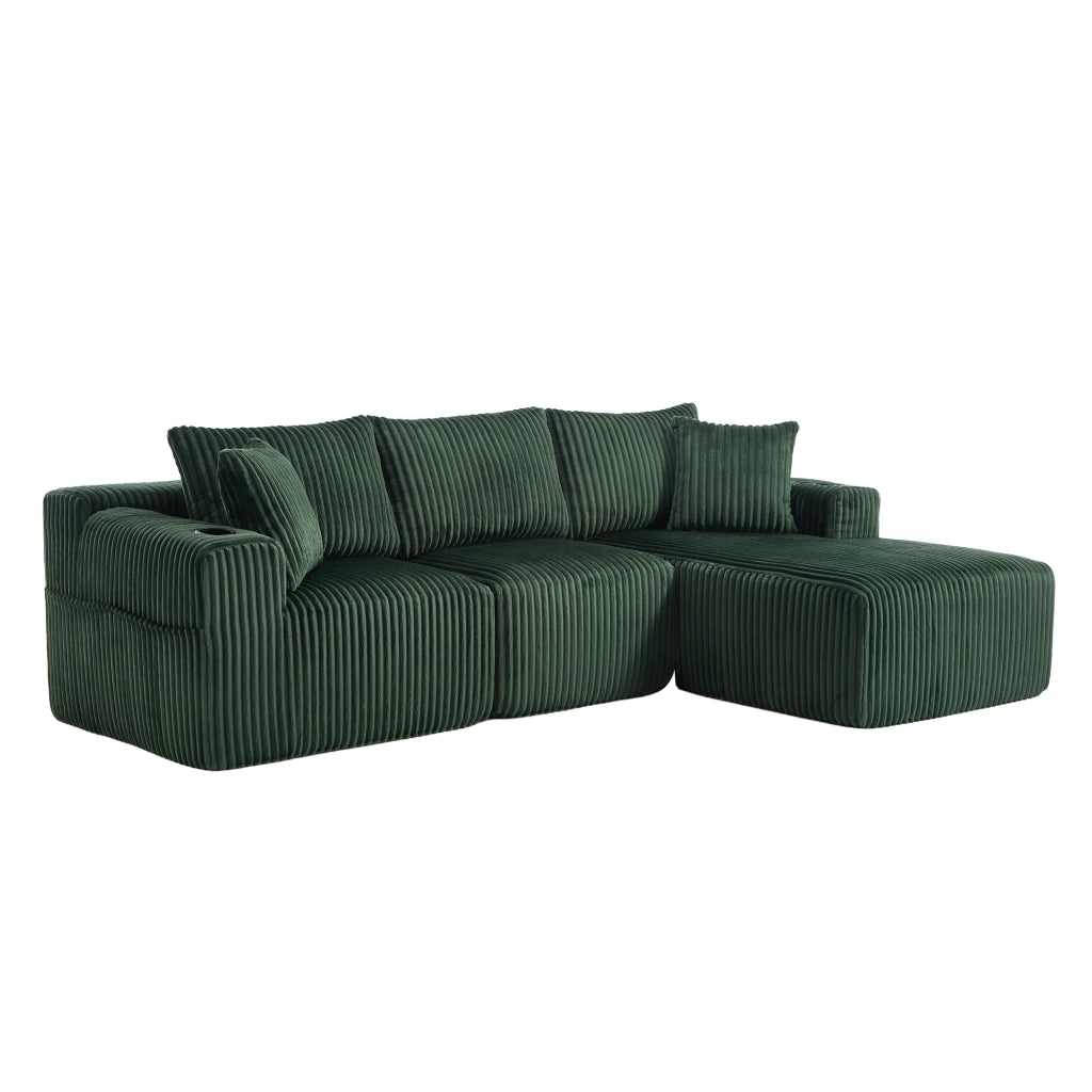 Divano Angolare Modulare con Chaise Longue 2 Posti ¨C MINIMAL ¨C Velluto a Coste, Cuscini, Portabicchieri