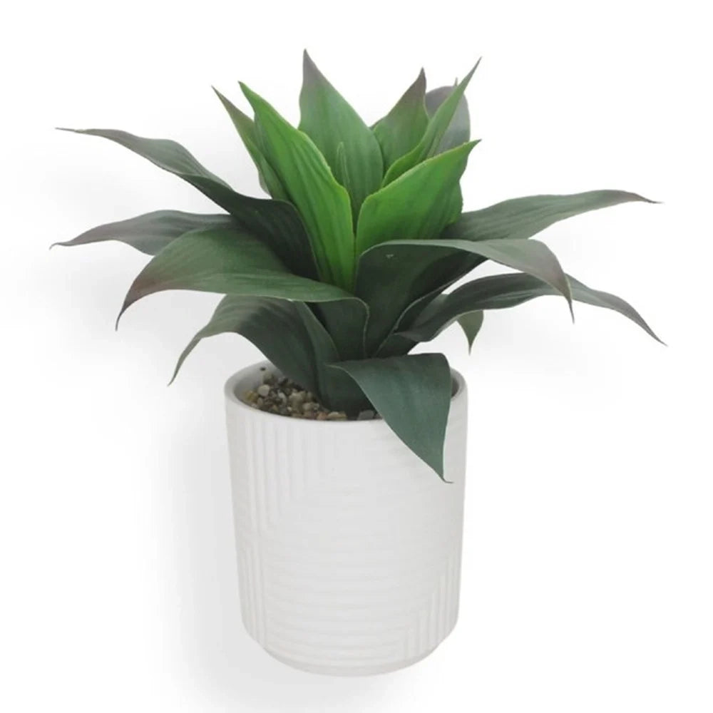 Trade Shop - Vaso Ceramica Bianco Texture A Righe Con Pianta Artificiale 28cm Decorazione Casa 164391 -