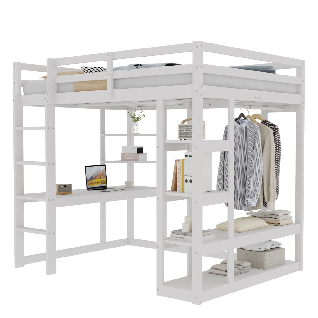 OKWISH Letto a soppalco 140×200 cm, Letto Matrimoniale con Scrivania, Mensole e Appendiabiti, senza Materasso, in Legno, Bianco