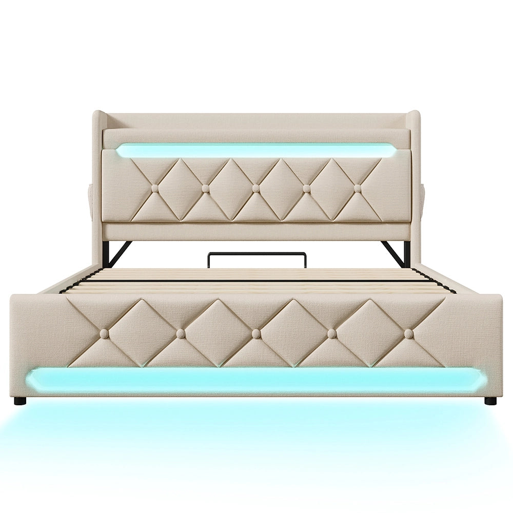 Letto matrimoniale-Xylo-140x200 cm-LED 360°, USB-C, idraulico, con materasso, beige
