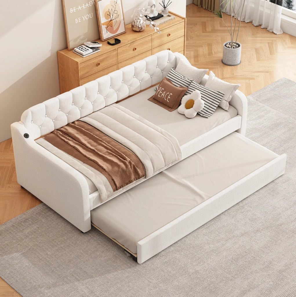 Divano letto estraibile 90x200 cm con porta USB; in lino beige