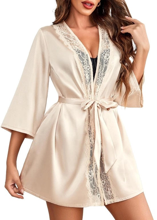 Kimono da Camera con Cintura per Donna V-Neck Pigiami da Sposa Notturno in Cremo XL