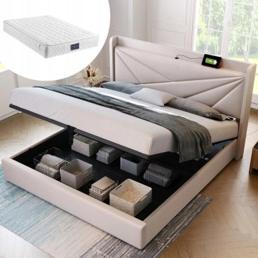 Letto con materasso - Xylo - 160x200 - Lino - Schowek USB-C