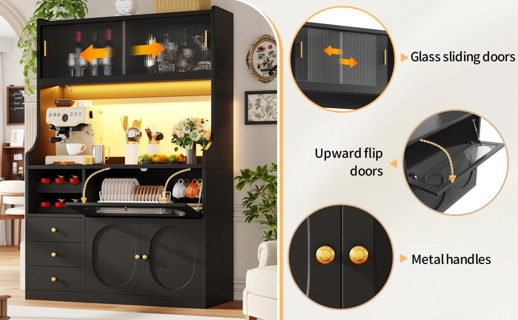 Credenza alta con vetrina, 3 cassetti, portabottiglie e ante a ribalta, per cucina e pranzo, nero, 120 × 40 × 180 cm