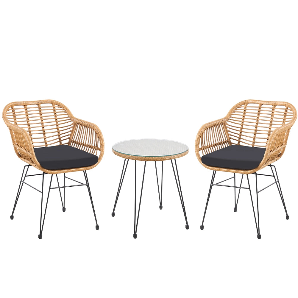 Set da Giardino Tavolino e 2 Poltrone in Rattan Nero e Naturale con Cuscini Casa Bar Hotel