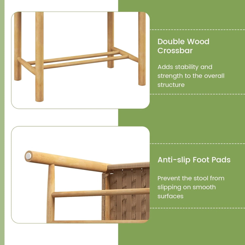 Set di 2 sgabelli da bar, da cucina, in legno e carta intrecciata, con poggiapiedi, per sala da pranzo, da cucina, in legno naturale (56 x 36 x 45 cm)