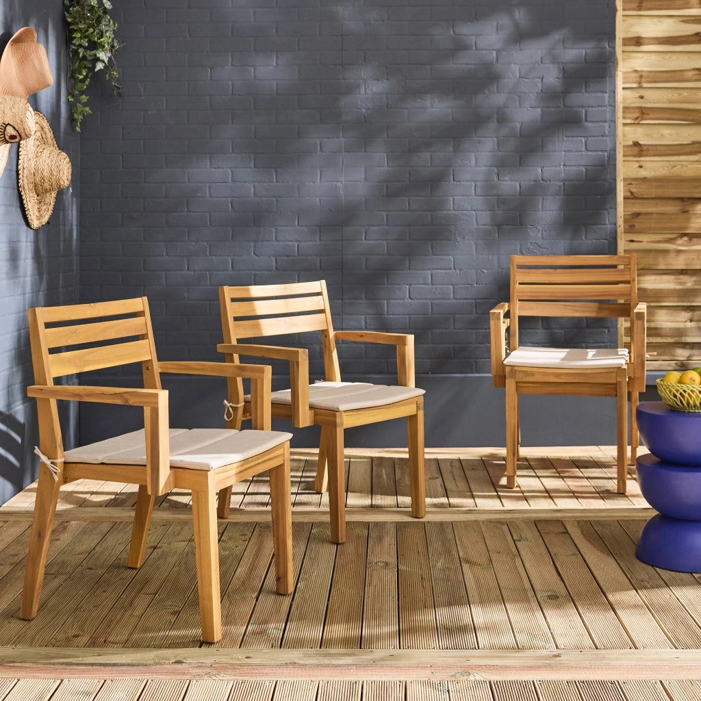 Set di 4 poltrone da giardino in legno di acacia con cuscino, beige