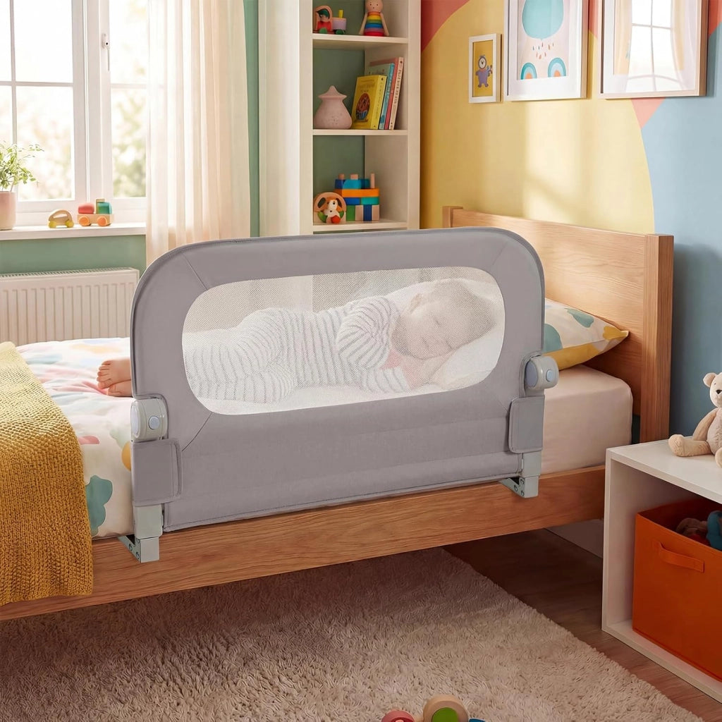 Sponda Letto per Bambini 80/120/150/180 cm, Barriera di Sicurezza per Neonati, Altezza Regolabile a 3 Livelli, Barriera Letto Pieghevole, con Cinghia di Sicurezza (80 cm,Grigio)