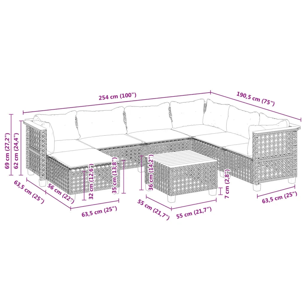 Set Divano da Giardino 8 pz con Cuscini Grigio in Polyrattan
