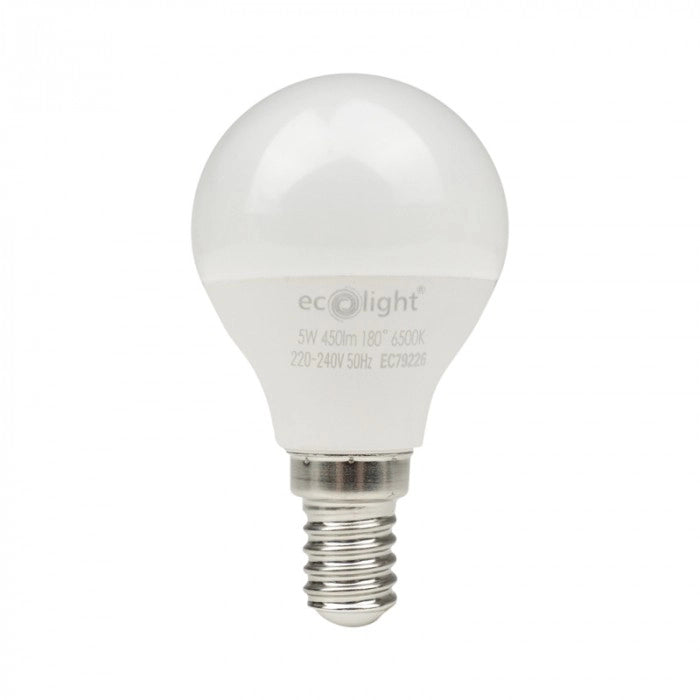 Lampadina LED sferica opale E14 5W 450lm 6500K Ecolight