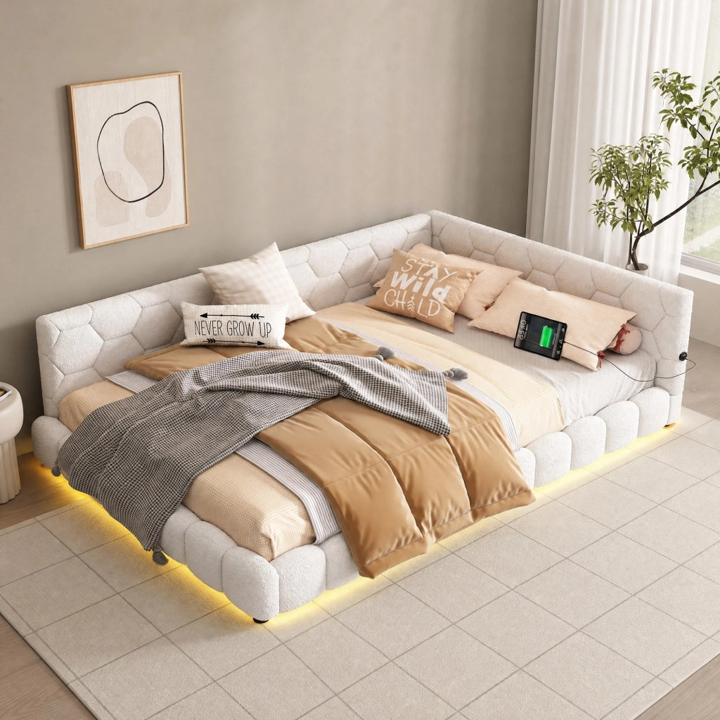 Divano letto daybed con rete a doghe 140x200 cm; LED; USB e Type-C; bianco