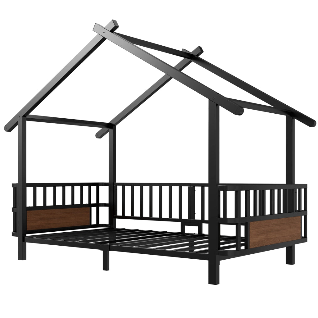 Letto per bambini in metallo a forma di casa, 90x200 cm, nero