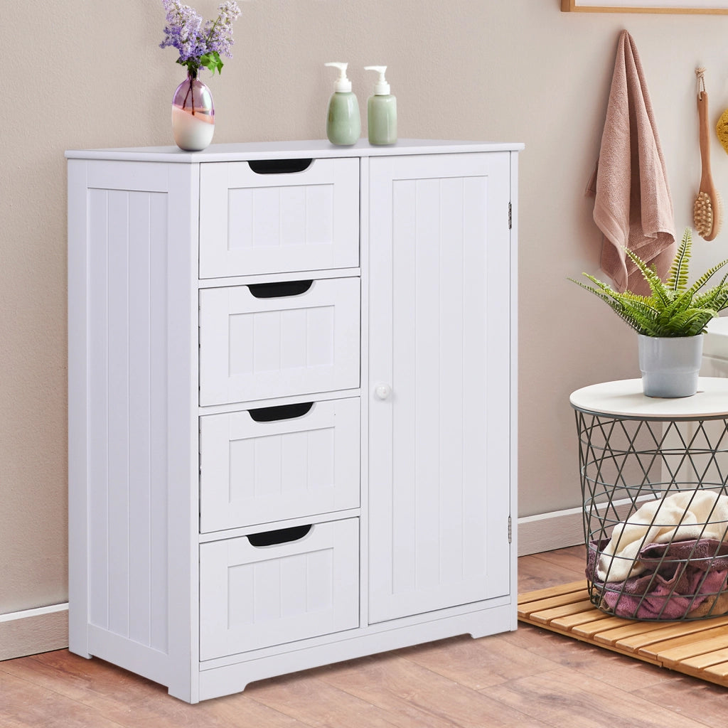 Mobile da Bagno con 4 Cassetti e Armadietto con Ripiano Regolabile a 3 Altezze, Armadietto da Bagno Salvaspazio con Vernice Ecologica, Anti-Ribaltamento in MDF, 56x30x83cm, Bianco