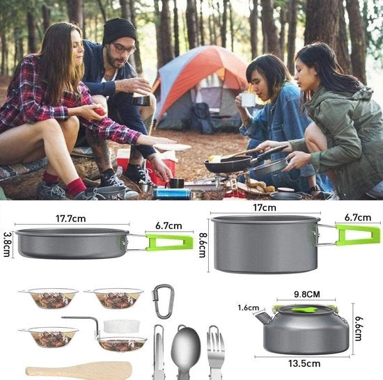 Set di cucina da campeggio - Set di cucina da esterno - per campeggio escursioni picnic viaggi - sostenibile 

Set di cucina da campeggio - Modello: 
- Contenuto: 12 pezzi
- Materiale: acciaio inossidabile
- Dimensioni: 23 x 15 x 6 cm
- Peso: 1,2 kg