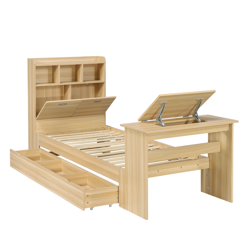 Letto singolo 90x200 cm in legno naturale con contenitore, mensola testiera, tavolo ribaltabile e cassetto reversibile