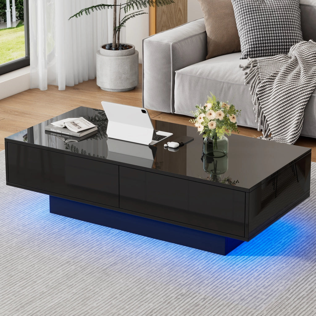 Tavolino da Salotto con 2 Cassetti e LED; Nero Lucido; Stile Moderno; in Pannello di Particelle; 115×55×34 cm