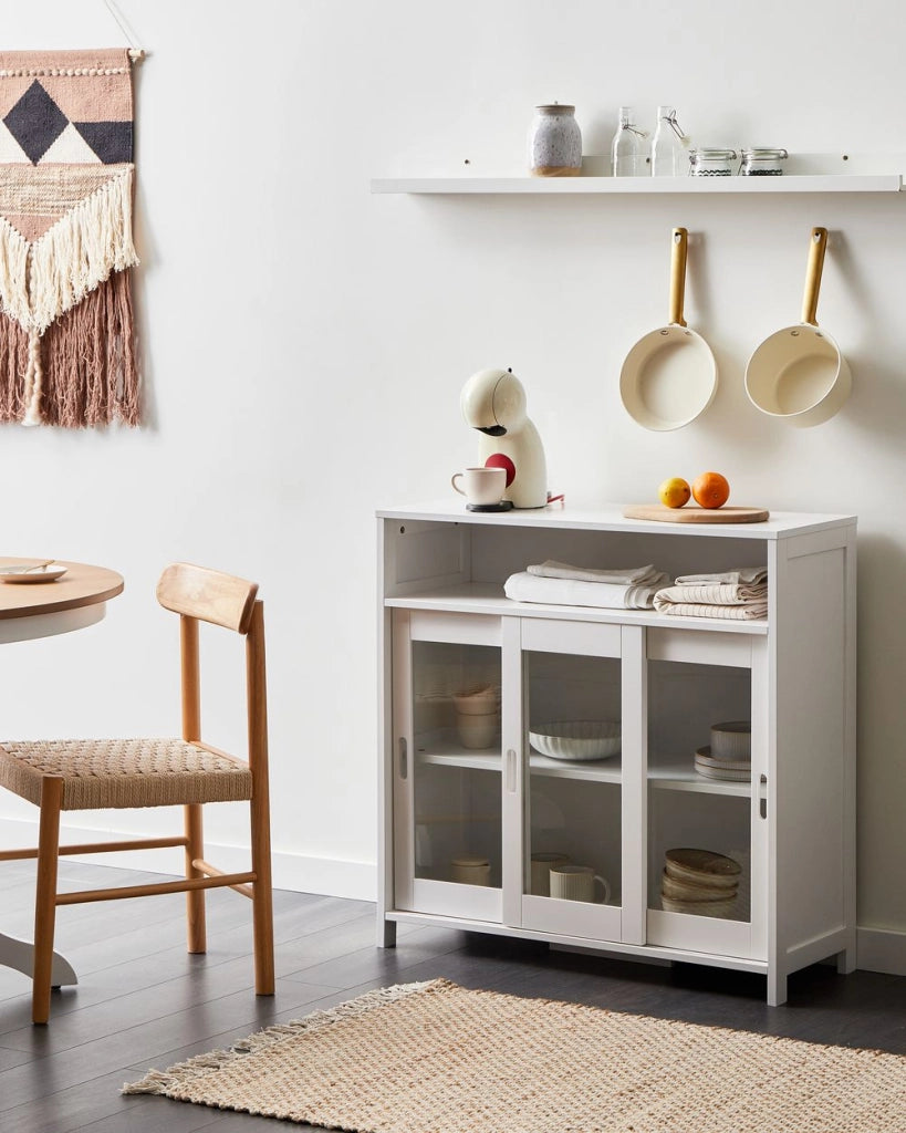 Credenza con vetro Bianco 3 ante Armadio Storage Moderno Minimalista