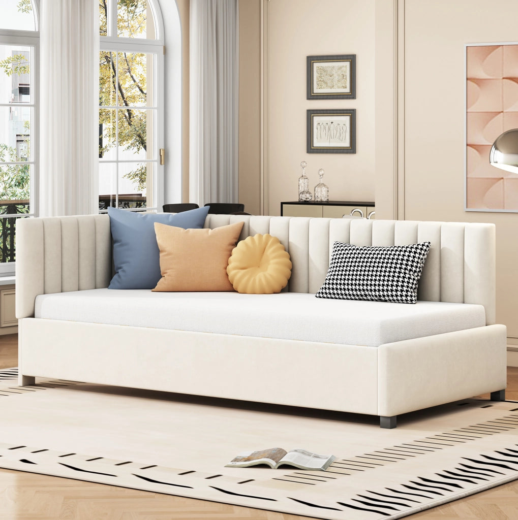 Letto singolo imbottito 90x200 cm in velluto beige con rete