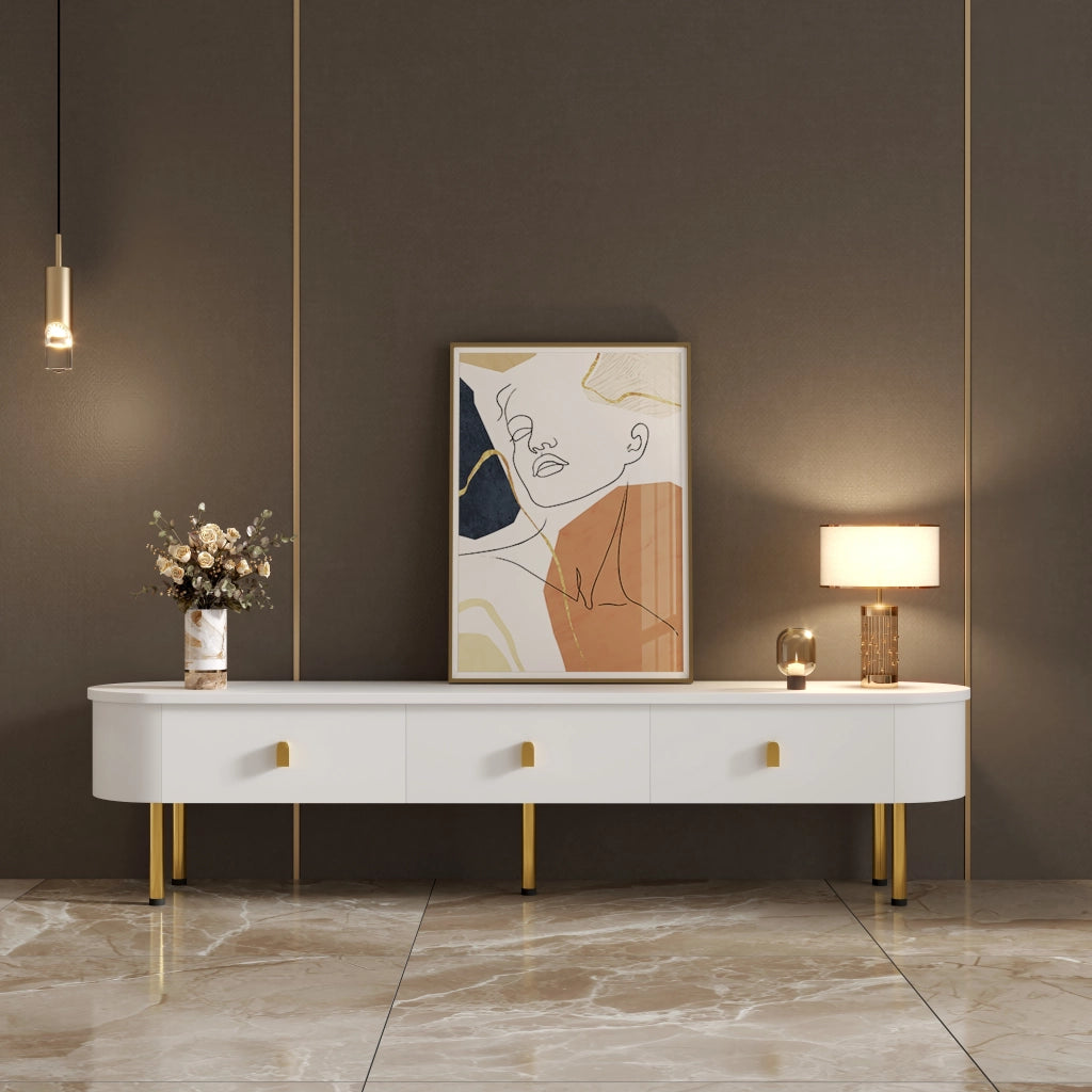 Mobile Porta TV con 3 Cassetti; Maniglie e Piedini Dorati; Angoli Arrotondati; Finitura Laccata; in MDF; 174??35??41 cm; Bianco