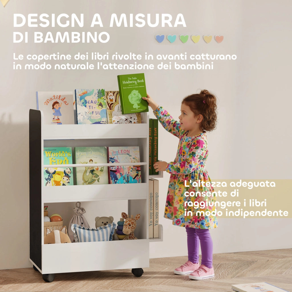 Libreria Bambini con Ruote e Lavagna ¨C Xylo ¨C Bianco Scaffale Portagiochi 3-8 Anni