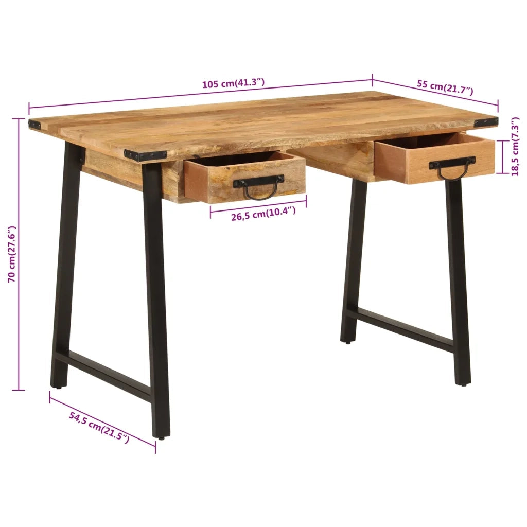 Scrivania | Tavolo da Ufficio con Cassetti 105x55x70 cm Legno Massello Mango Ferro
