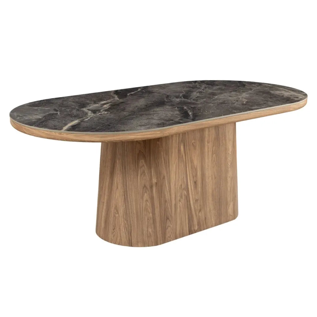 Tavolo da pranzo LUMEA – Ovale 200 cm – Effetto marmo grigio – Piede largo – Stile contemporaneo