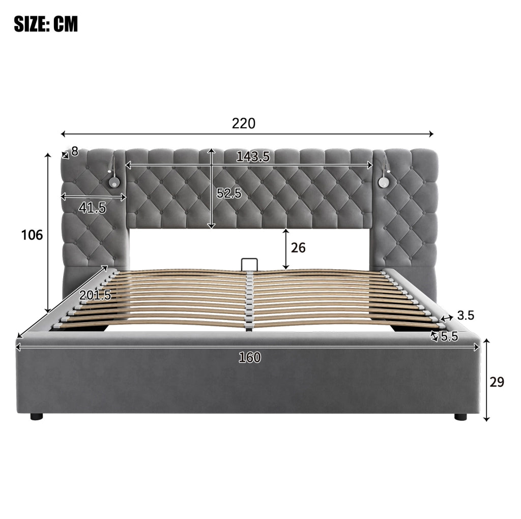 Letto matrimoniale 160x200 cm in velluto grigio con testiera imbottita; luce da lettura e contenitore