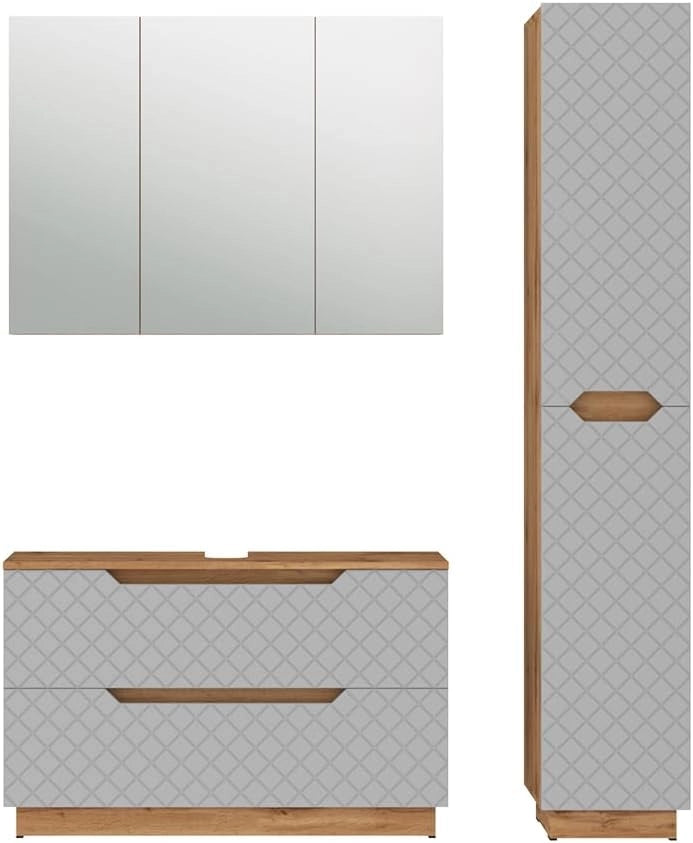 Set di mobili da bagno Lotta, Rovere/grigio con struttura in piastrelle, 3 parti