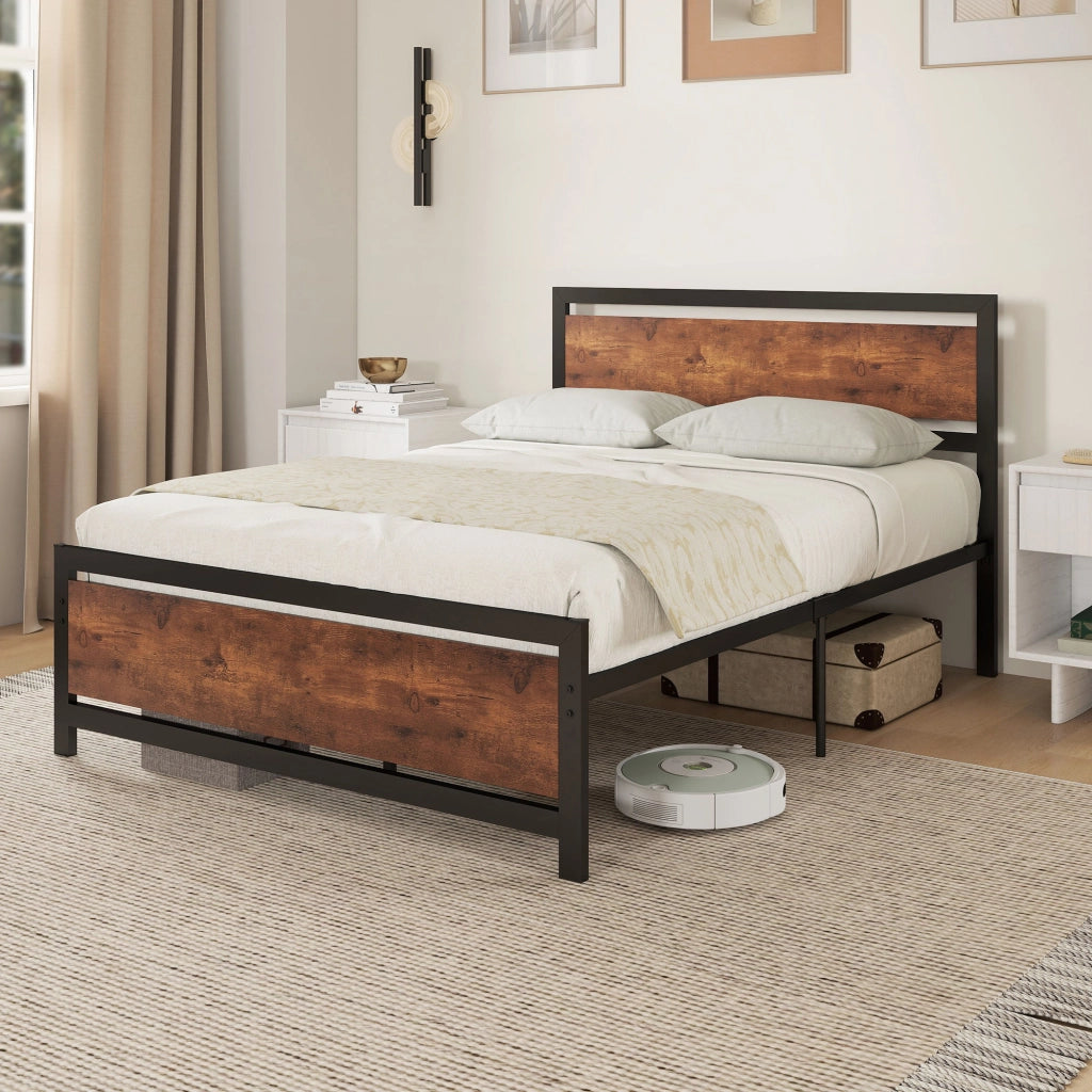 Letto Matrimoniale in Acciaio con Testiera e Rete a Doghe ¨C Zephmum ¨C 140x190 cm Marrone