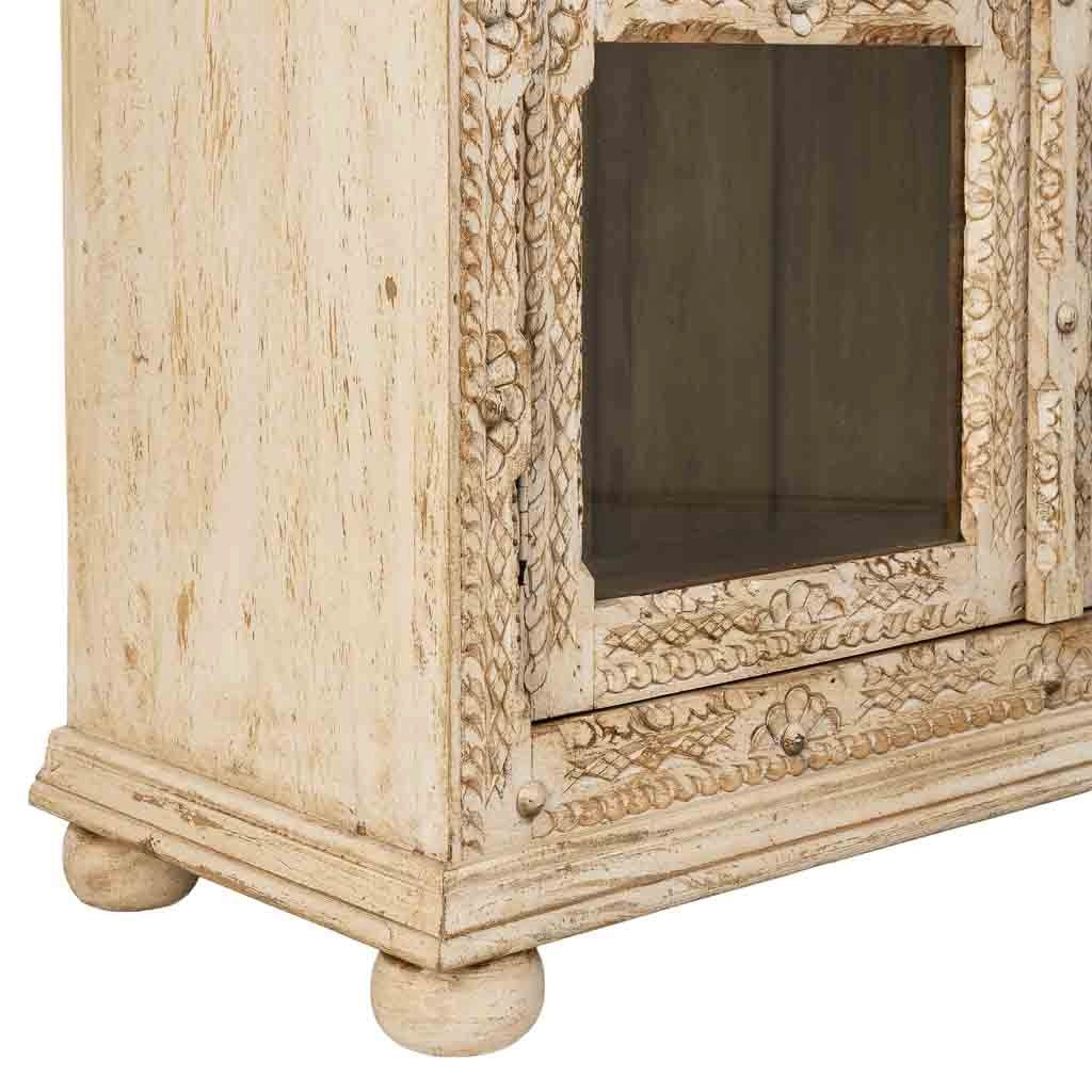 Vetrina in legno intagliato beige fatta a mano, 106x43x180h cm