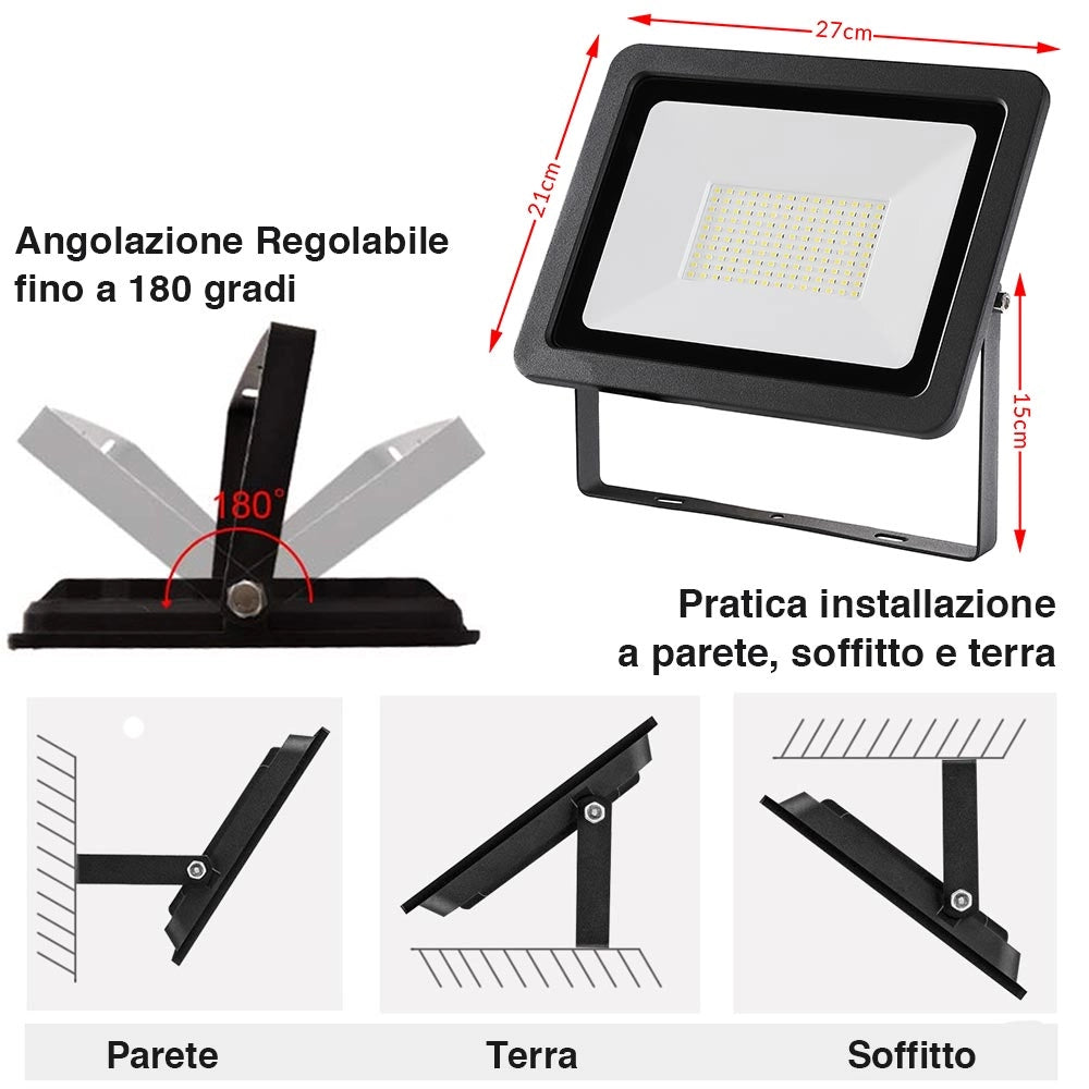 Faro Led 100W Luce Alta Luminosita 8000lm Faretto Esterno Slim Bianco Freddo