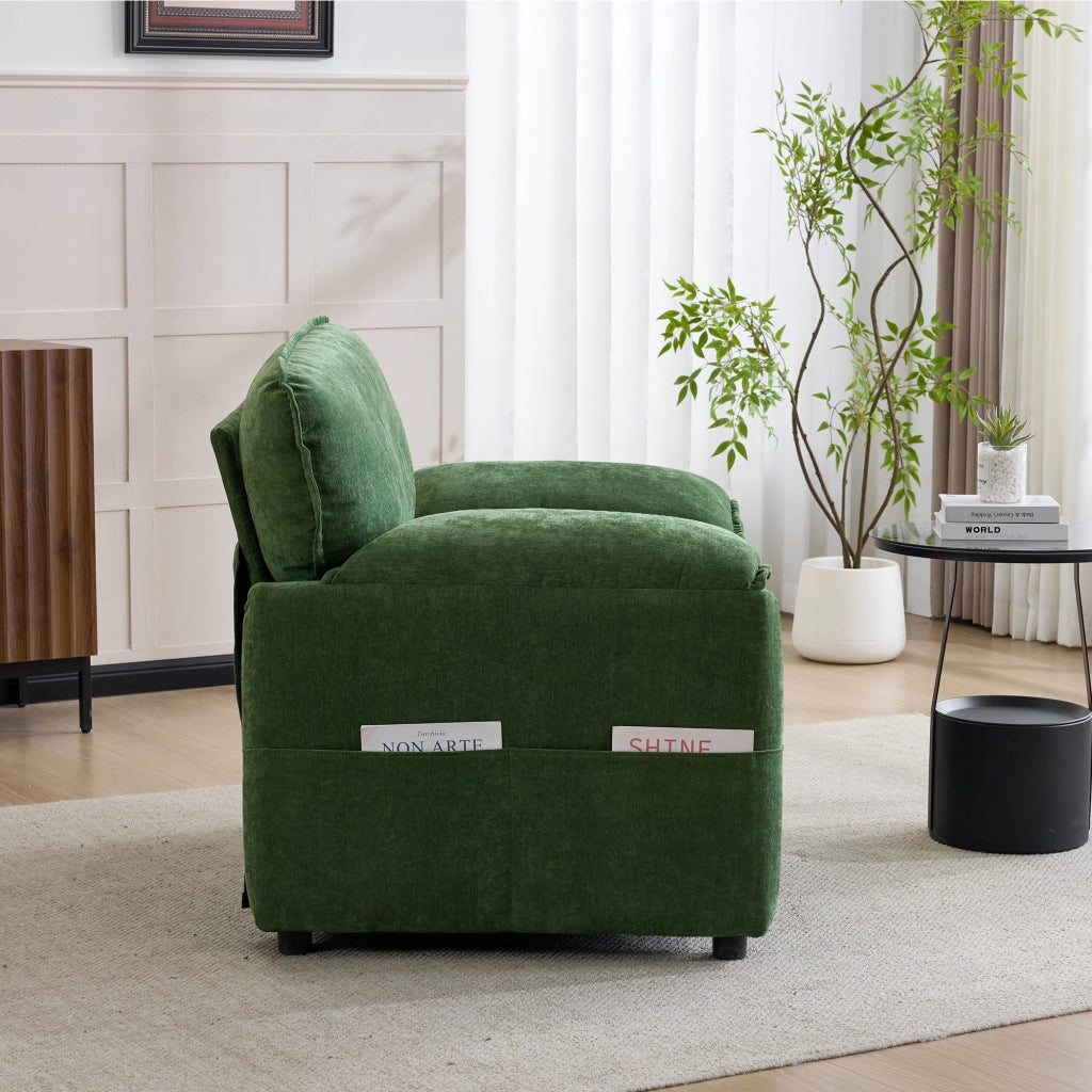 Canapé droit con tasche laterali e seduta imbottita per soggiorno balcone e studio in velluto chenille verde scuro