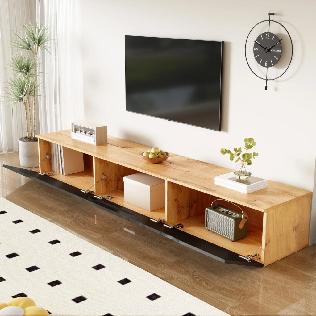 OKWISH Mobile TV con 3 Ante e LED, Montaggio a Terra o Parete, Stile Moderno, per Soggiorno, MDF, Nero e Legno, 180 x 35 x 30 cm