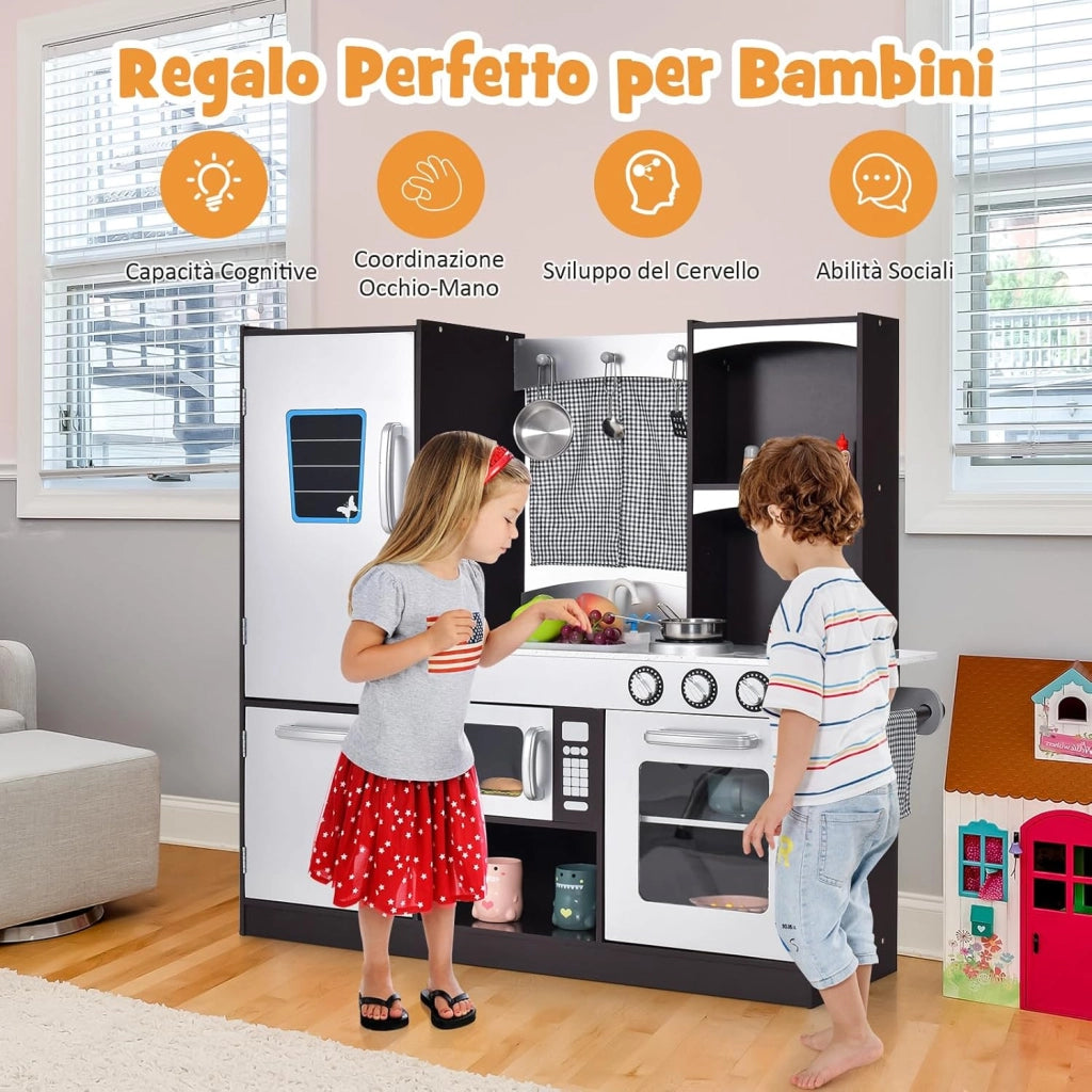 Cucina Giocattolo in Legno per Bambini con Frigorifero, Forno, Microonde, Rubinetto, Lavello e Tenda - per 3+ Anni