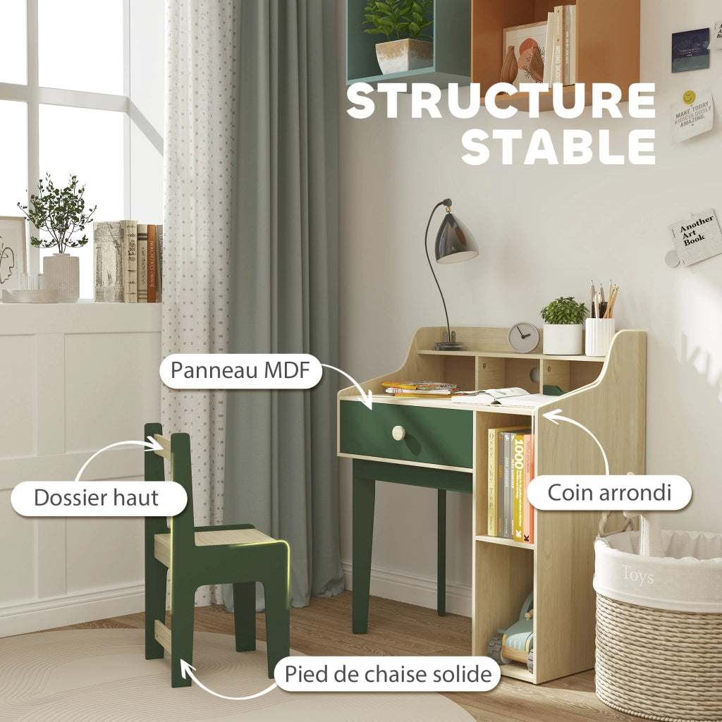 Scrivania per bambini con sedia, scaffale e cassetto ¨C ZephMum ¨C Verde 90x50x75 cm