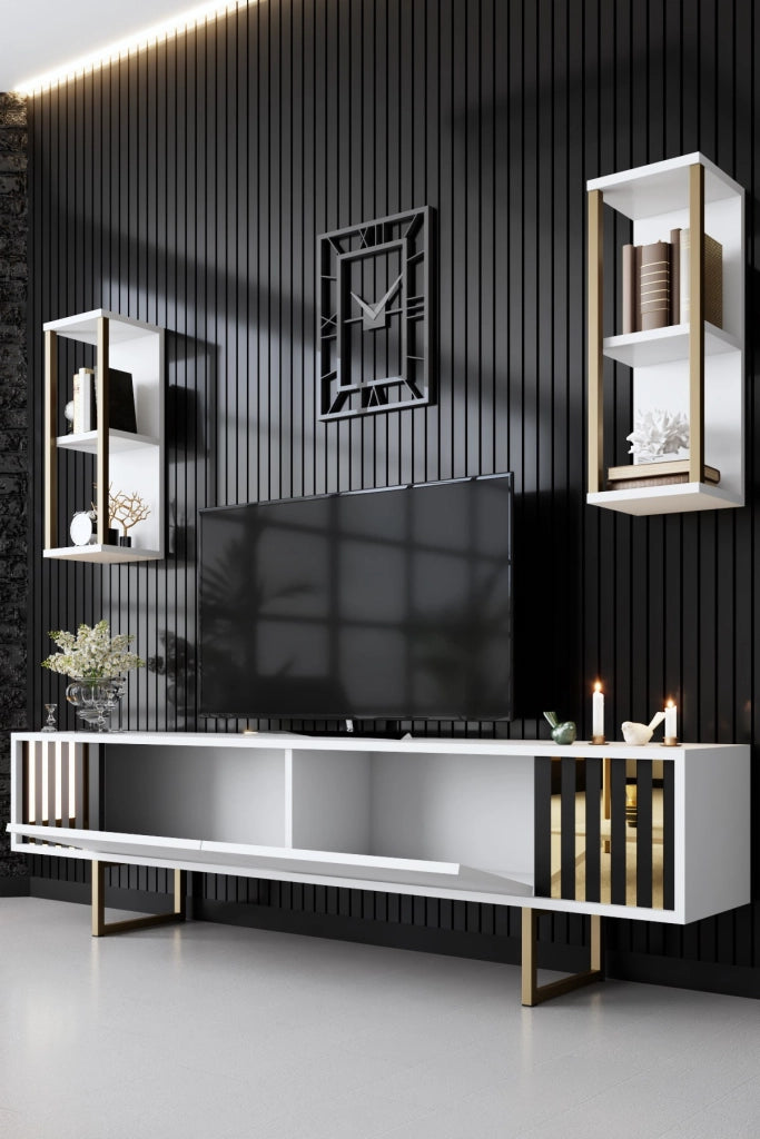 Porta TV in legno "Gold Line" - 180 x 30 x 48 cm - Bianco-Nero