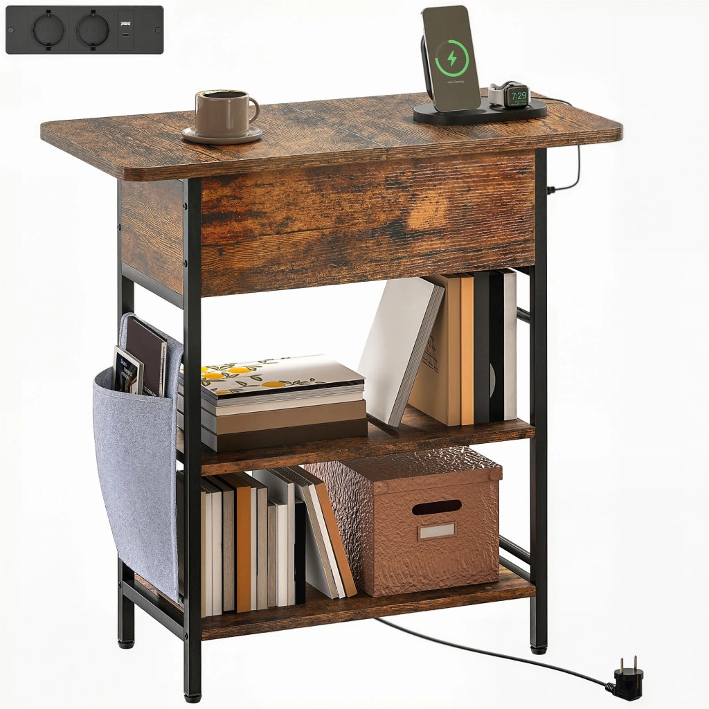 Tavolino da notte con cassetto e prese ¨C zephmum ¨C 60x29.8x58.5 cm rustico marrone