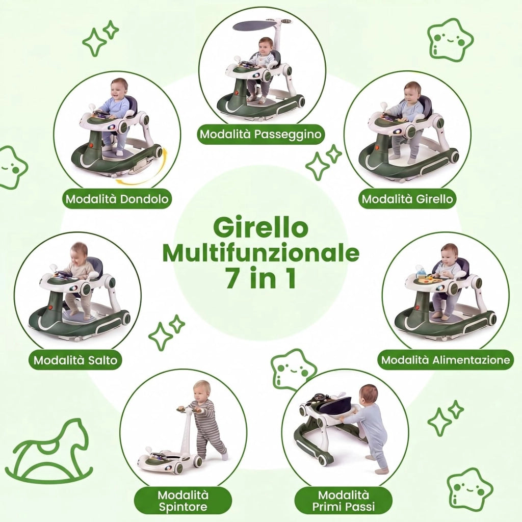 Girello per Bambini 6-in-1 Evolutivo, Centro Attività Pieghevole con Maniglia, Regolazione Altezza/Velocità, con Musica, Luci Tenda, per Neonati 6-18 Mesi (Verde+Bianco)