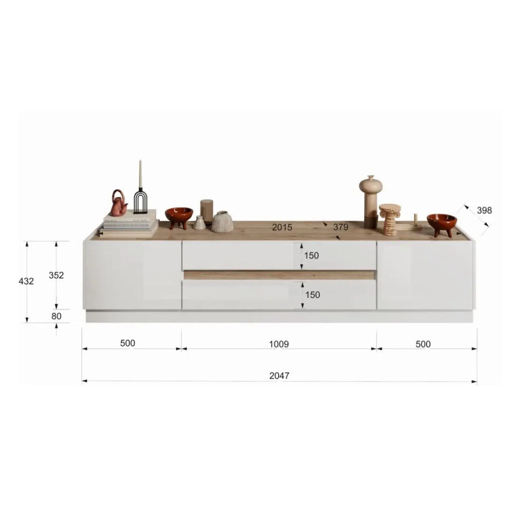 Mobile TV 205cm collezione FANZY. Color bianco lucido e rovere chiaro, ideale per un soggiorno moderno.