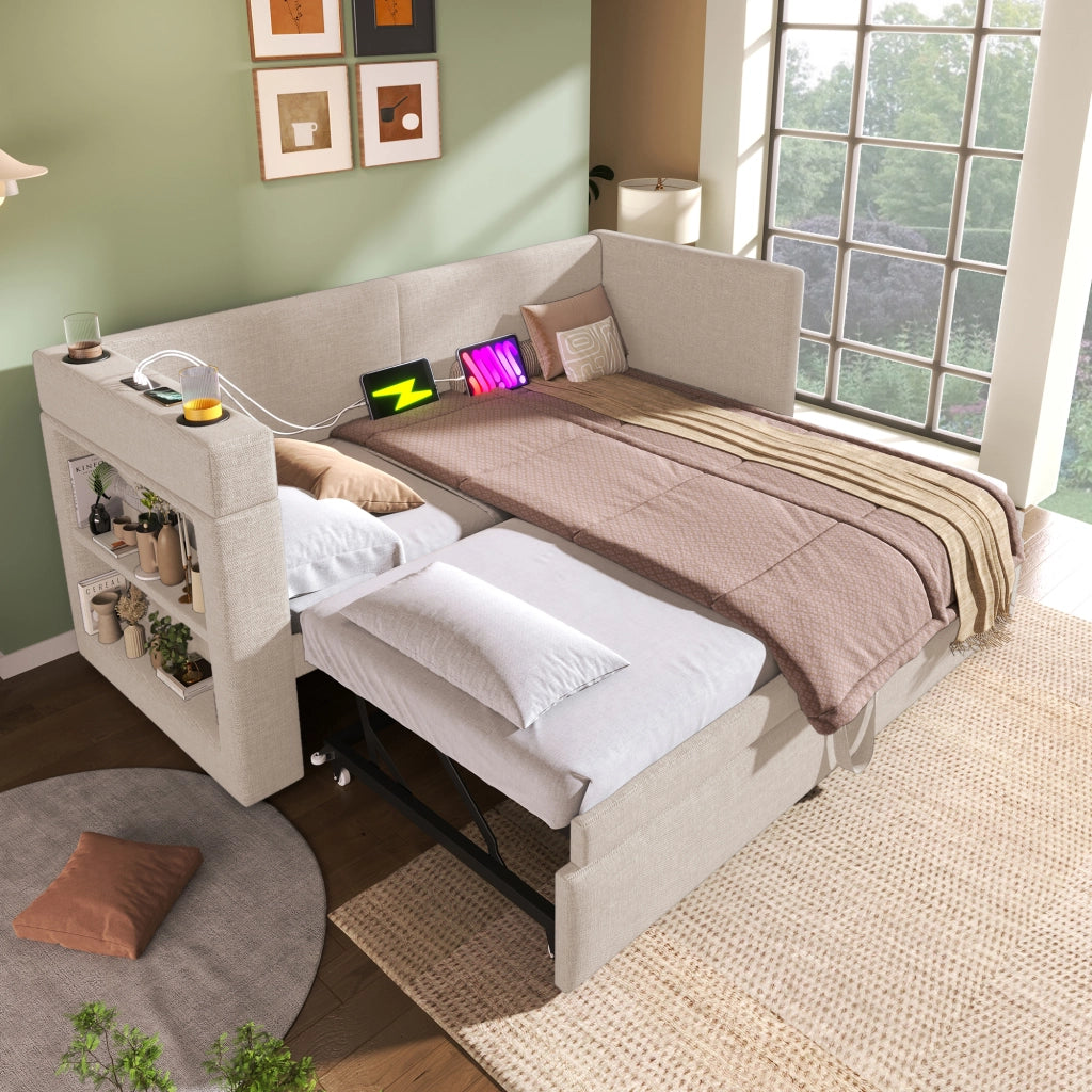 Divano letto estraibile 90x200 cm, letto singolo con porta USB e Tipo-C, beige, senza materasso
