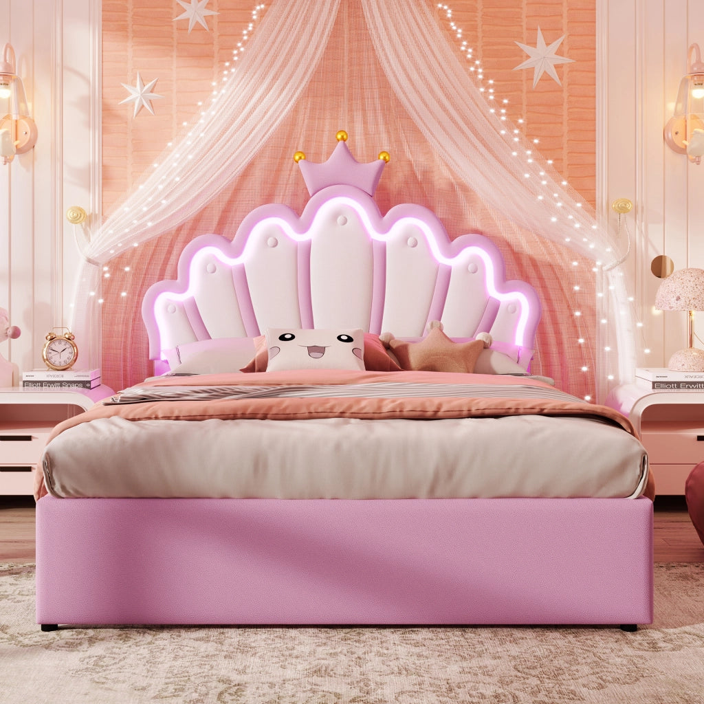Letto per Bambini 2 Posti con 2 Cassetti; Schienale Regolabile e LED; 140 x 200 cm; senza Materasso; Rosa