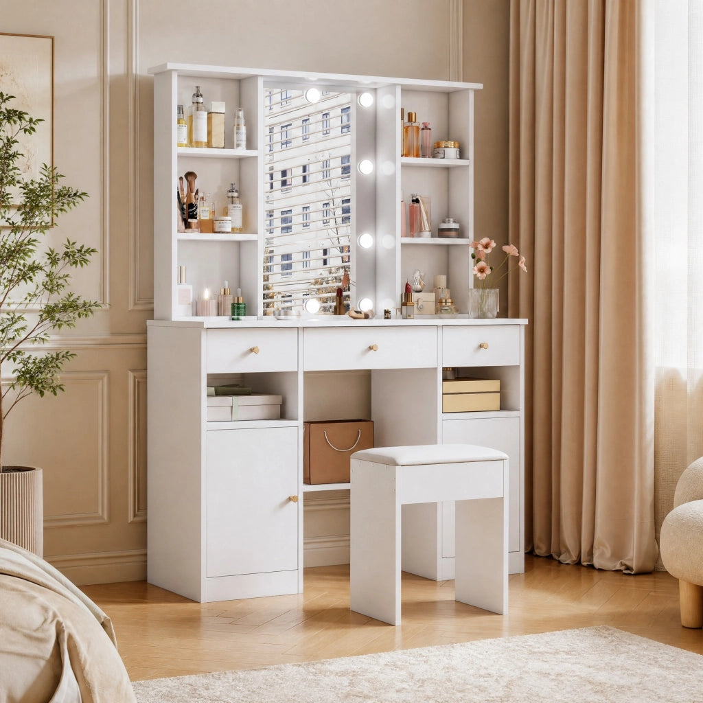 Tavolo da trucco con specchio e LED regolabili, 3 cassetti, 2 ante e 4 ripiani aperti, bianco, 110 x 40 x 151 cm